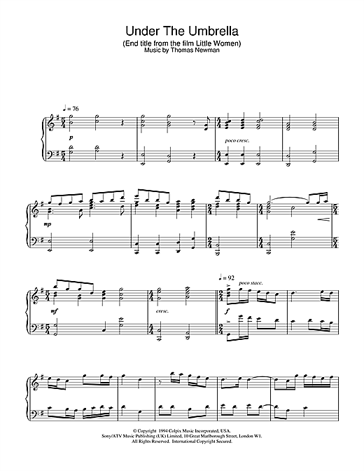 Learn to play Thomas Newman Under The Umbrella (End Title from Little Women) sheet music for Piano in minutes. Thomas Newman Under The Umbrella (End Title from Little Women) sheet music notes and chords. Download Printable PDF.