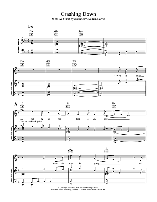 Learn to play Del Amitri Crashing Down sheet music for Piano, Vocal & Guitar (Right-Hand Melody) in minutes. Del Amitri Crashing Down sheet music notes and chords. Download Printable PDF.