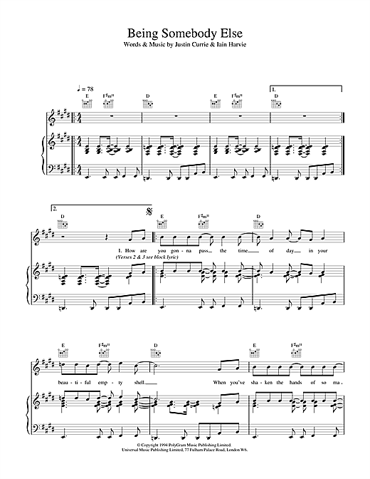 Learn to play Del Amitri Being Somebody Else sheet music for Piano, Vocal & Guitar (Right-Hand Melody) in minutes. Del Amitri Being Somebody Else sheet music notes and chords. Download Printable PDF.