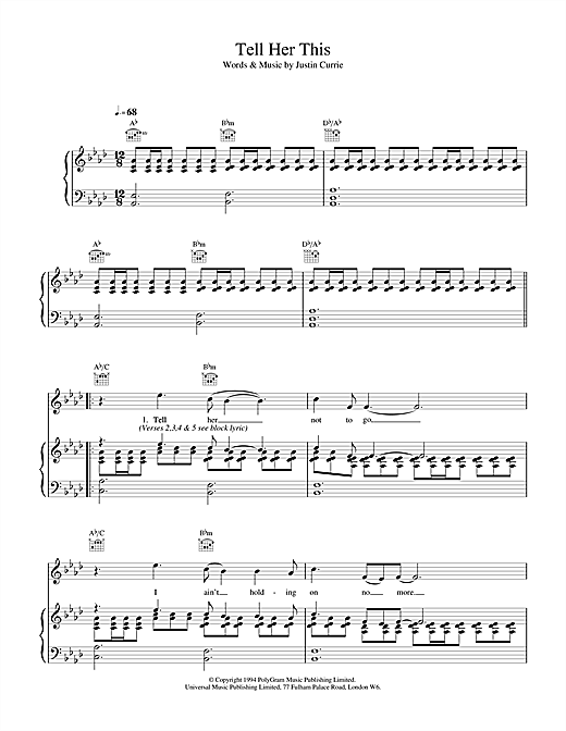 Learn to play Del Amitri Tell Her This sheet music for Piano, Vocal & Guitar (Right-Hand Melody) in minutes. Del Amitri Tell Her This sheet music notes and chords. Download Printable PDF.