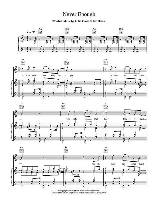 Learn to play Del Amitri Never Enough sheet music for Piano, Vocal & Guitar (Right-Hand Melody) in minutes. Del Amitri Never Enough sheet music notes and chords. Download Printable PDF.