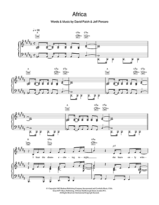 Learn to play Toto Africa sheet music for Piano, Vocal & Guitar (Right-Hand Melody) in minutes. Toto Africa sheet music notes and chords. Download Printable PDF.