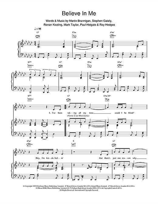 Learn to play Boyzone Believe In Me sheet music for Piano, Vocal & Guitar (Right-Hand Melody) in minutes. Boyzone Believe In Me sheet music notes and chords. Download Printable PDF.