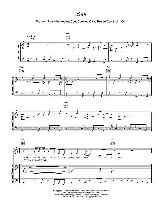 Learn to play The Corrs Say sheet music for Piano, Vocal & Guitar in minutes. The Corrs Say sheet music notes and chords. Download Printable PDF.