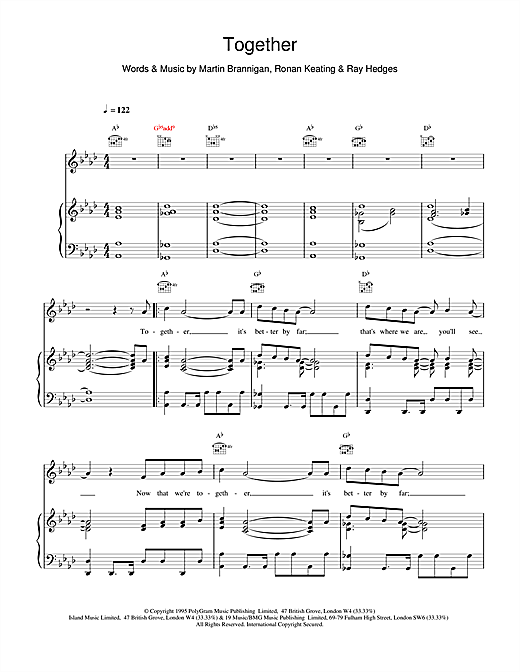 Learn to play Boyzone Together sheet music for Piano, Vocal & Guitar (Right-Hand Melody) in minutes. Boyzone Together sheet music notes and chords. Download Printable PDF.