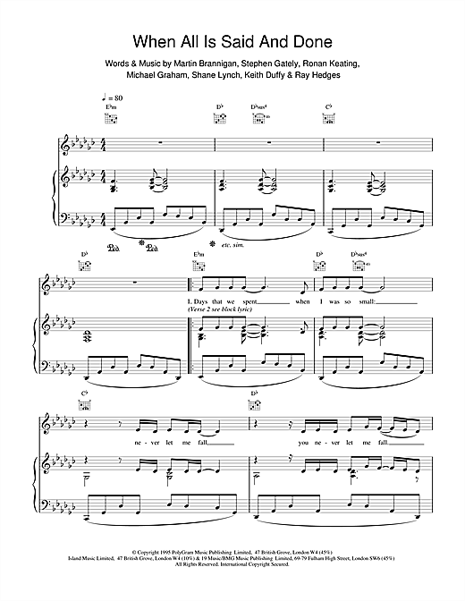Learn to play Boyzone When All's Said And Done sheet music for Piano, Vocal & Guitar (Right-Hand Melody) in minutes. Boyzone When All's Said And Done sheet music notes and chords. Download Printable PDF.