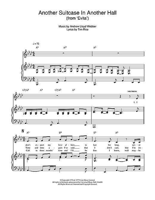 Learn to play Andrew Lloyd Webber Another Suitcase In Another Hall (from Evita) sheet music for Piano, Vocal & Guitar (Right-Hand Melody) in minutes. Andrew Lloyd Webber Another Suitcase In Another Hall (from Evita) sheet music notes and chords. Download Printable PDF.