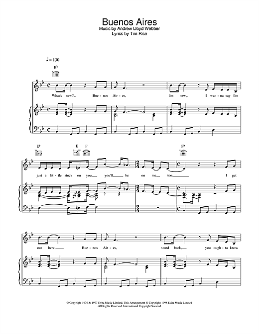 Learn to play Andrew Lloyd Webber Buenos Aires (from Evita) sheet music for Piano, Vocal & Guitar (Right-Hand Melody) in minutes. Andrew Lloyd Webber Buenos Aires (from Evita) sheet music notes and chords. Download Printable PDF.