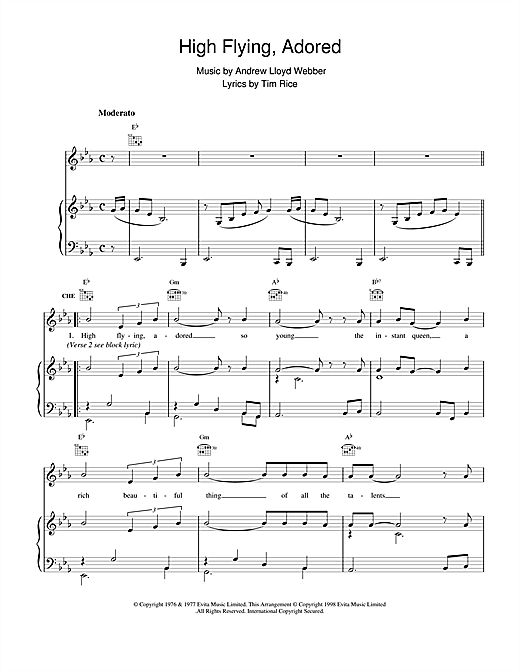 Learn to play Andrew Lloyd Webber High Flying, Adored (from Evita) sheet music for Piano, Vocal & Guitar (Right-Hand Melody) in minutes. Andrew Lloyd Webber High Flying, Adored (from Evita) sheet music notes and chords. Download Printable PDF.