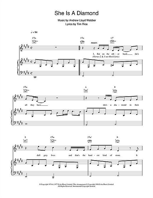 Learn to play Andrew Lloyd Webber She Is A Diamond (from Evita) sheet music for Piano, Vocal & Guitar in minutes. Andrew Lloyd Webber She Is A Diamond (from Evita) sheet music notes and chords. Download Printable PDF.
