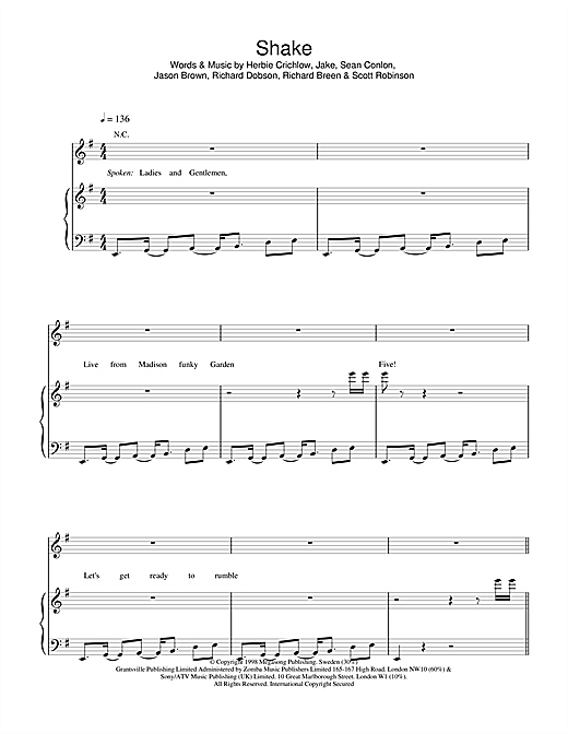Learn to play Five Shake sheet music for Piano, Vocal & Guitar in minutes. Five Shake sheet music notes and chords. Download Printable PDF.