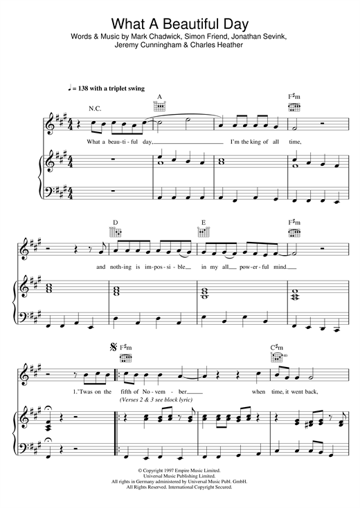 Learn to play The Levellers What A Beautiful Day sheet music for Piano, Vocal & Guitar in minutes. The Levellers What A Beautiful Day sheet music notes and chords. Download Printable PDF.