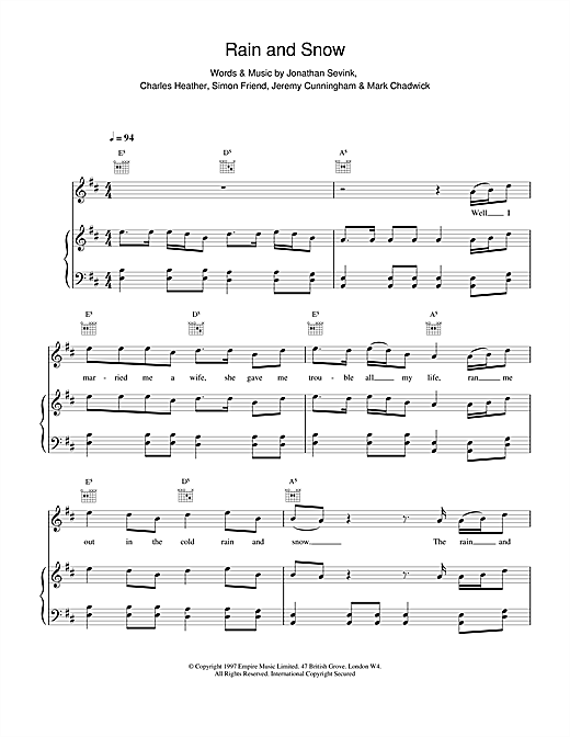 Learn to play The Levellers Rain And Snow sheet music for Piano, Vocal & Guitar (Right-Hand Melody) in minutes. The Levellers Rain And Snow sheet music notes and chords. Download Printable PDF.