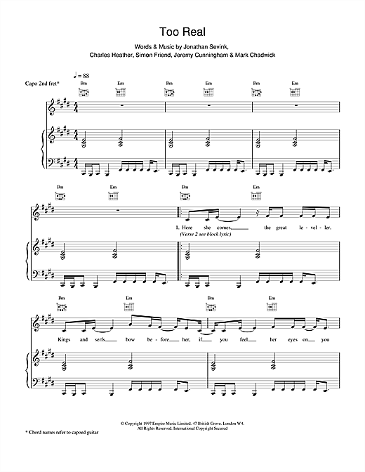Learn to play The Levellers Too Real sheet music for Piano, Vocal & Guitar (Right-Hand Melody) in minutes. The Levellers Too Real sheet music notes and chords. Download Printable PDF.