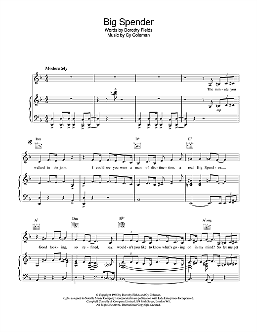 Learn to play Shirley Bassey Big Spender (from Sweet Charity) sheet music for Piano, Vocal & Guitar (Right-Hand Melody) in minutes. Shirley Bassey Big Spender (from Sweet Charity) sheet music notes and chords. Download Printable PDF.