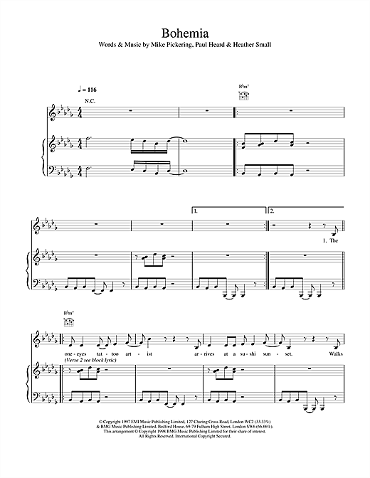 Learn to play M People Bohemia sheet music for Piano, Vocal & Guitar in minutes. M People Bohemia sheet music notes and chords. Download Printable PDF.