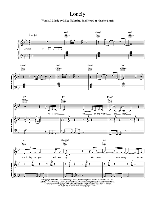 Learn to play M People Lonely sheet music for Piano, Vocal & Guitar (Right-Hand Melody) in minutes. M People Lonely sheet music notes and chords. Download Printable PDF.