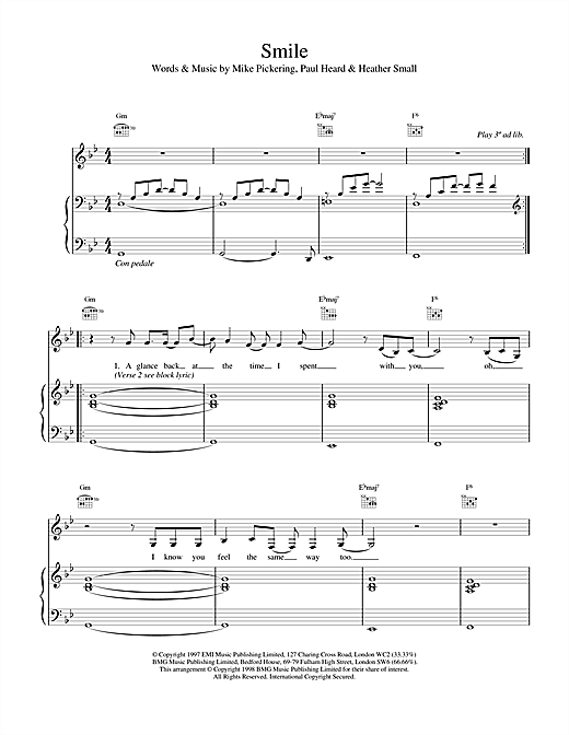 Learn to play M People Smile sheet music for Piano, Vocal & Guitar in minutes. M People Smile sheet music notes and chords. Download Printable PDF.