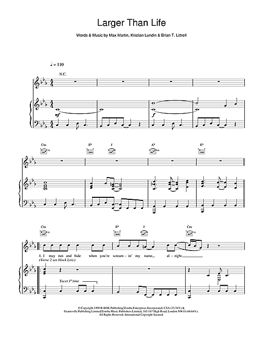 Learn to play Backstreet Boys Larger Than Life sheet music for Piano, Vocal & Guitar (Right-Hand Melody) in minutes. Backstreet Boys Larger Than Life sheet music notes and chords. Download Printable PDF.