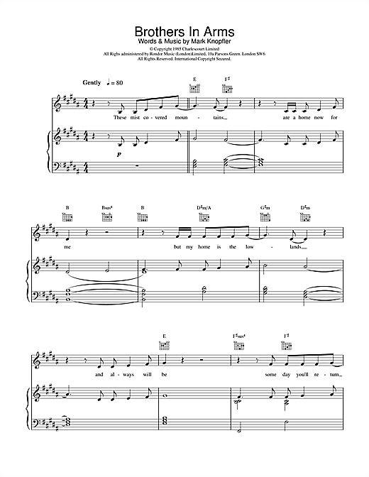 Learn to play Dire Straits Brothers In Arms sheet music for Piano, Vocal & Guitar (Right-Hand Melody) in minutes. Dire Straits Brothers In Arms sheet music notes and chords. Download Printable PDF.