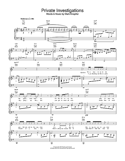 Learn to play Dire Straits Private Investigations sheet music for Piano, Vocal & Guitar (Right-Hand Melody) in minutes. Dire Straits Private Investigations sheet music notes and chords. Download Printable PDF.
