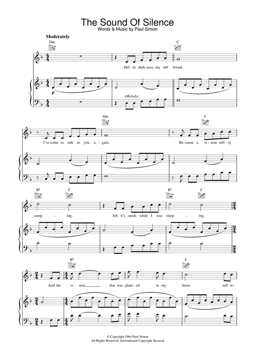 Learn to play Simon & Garfunkel The Sound Of Silence sheet music for Piano, Vocal & Guitar in minutes. Simon & Garfunkel The Sound Of Silence sheet music notes and chords. Download Printable PDF.