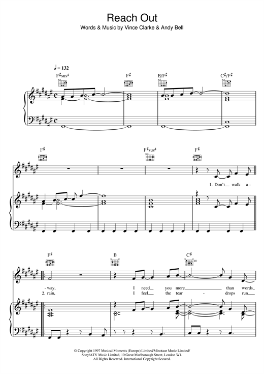 Learn to play Erasure Reach Out sheet music for Piano, Vocal & Guitar (Right-Hand Melody) in minutes. Erasure Reach Out sheet music notes and chords. Download Printable PDF.