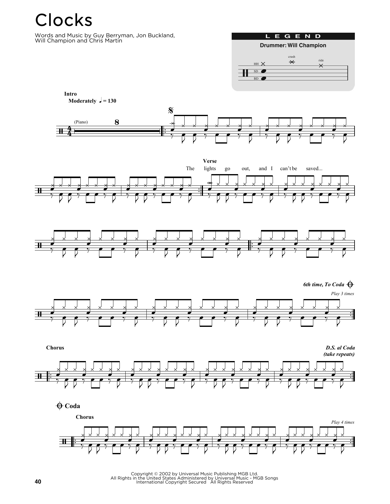 Learn to play Coldplay Clocks sheet music for Drums Transcription in minutes. Coldplay Clocks sheet music notes and chords. Download Printable PDF.