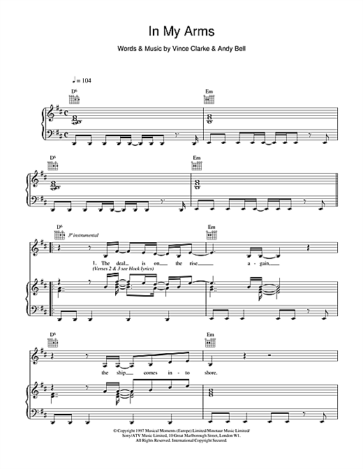 Learn to play Erasure In My Arms sheet music for Piano, Vocal & Guitar (Right-Hand Melody) in minutes. Erasure In My Arms sheet music notes and chords. Download Printable PDF.