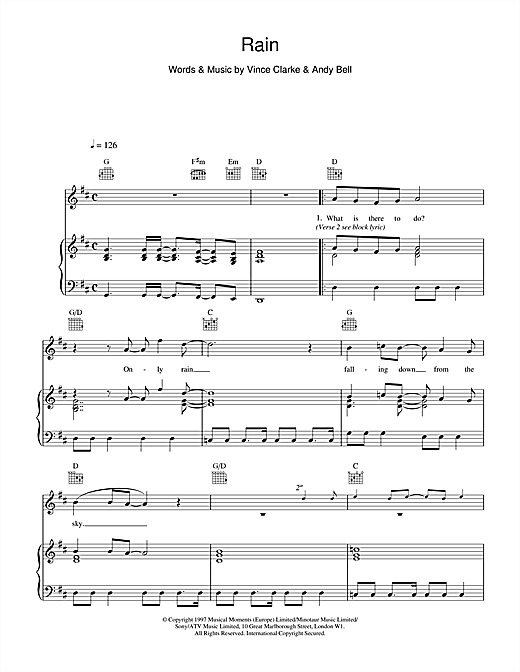 Learn to play Erasure Rain sheet music for Piano, Vocal & Guitar (Right-Hand Melody) in minutes. Erasure Rain sheet music notes and chords. Download Printable PDF.