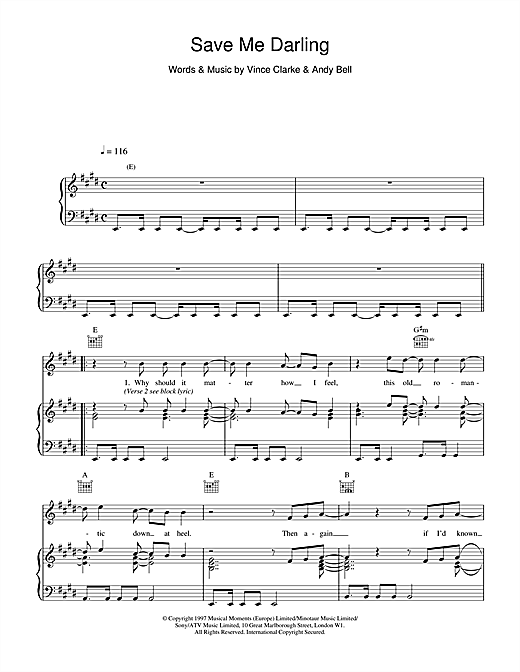 Learn to play Erasure Save Me Darling sheet music for Piano, Vocal & Guitar (Right-Hand Melody) in minutes. Erasure Save Me Darling sheet music notes and chords. Download Printable PDF.