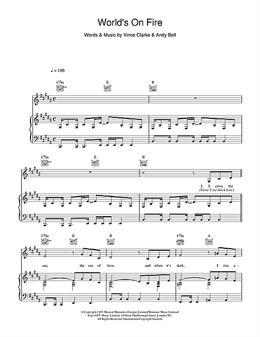 Learn to play Erasure World's On Fire sheet music for Piano, Vocal & Guitar (Right-Hand Melody) in minutes. Erasure World's On Fire sheet music notes and chords. Download Printable PDF.