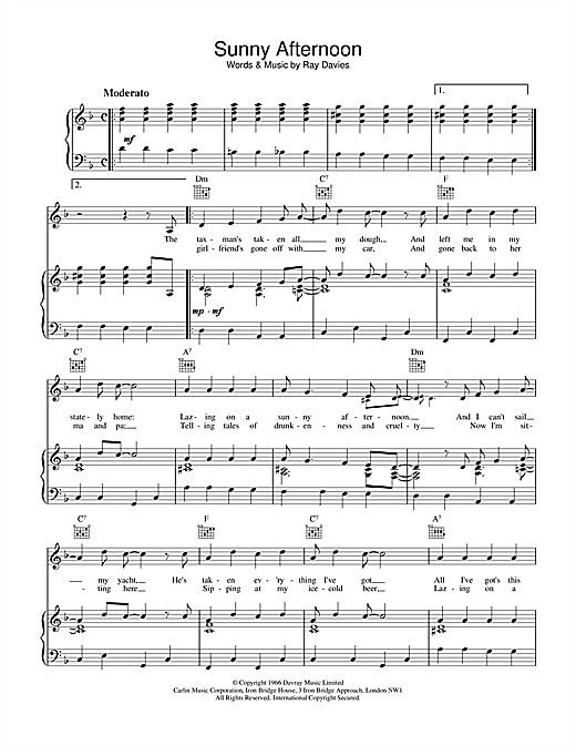 Learn to play The Kinks Sunny Afternoon sheet music for Piano, Vocal & Guitar (Right-Hand Melody) in minutes. The Kinks Sunny Afternoon sheet music notes and chords. Download Printable PDF.