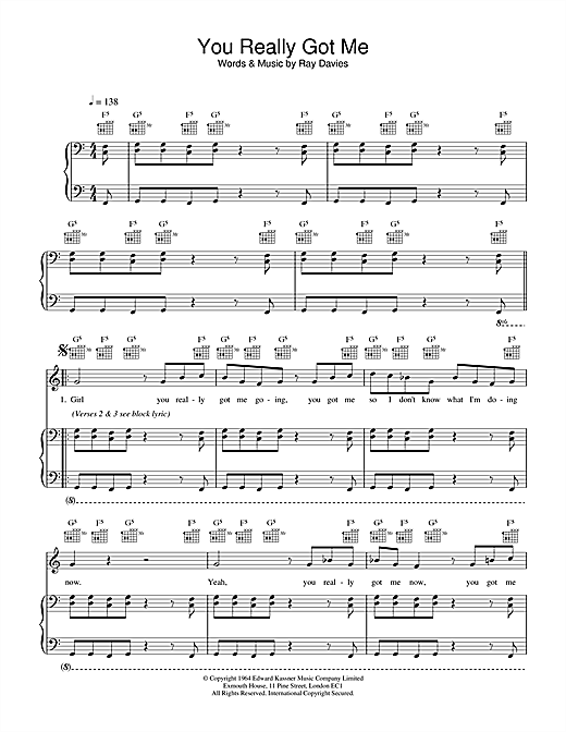 Learn to play The Kinks You Really Got Me sheet music for Piano, Vocal & Guitar in minutes. The Kinks You Really Got Me sheet music notes and chords. Download Printable PDF.