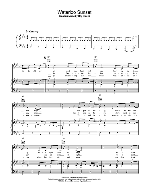 Learn to play The Kinks Waterloo Sunset sheet music for Piano, Vocal & Guitar (Right-Hand Melody) in minutes. The Kinks Waterloo Sunset sheet music notes and chords. Download Printable PDF.