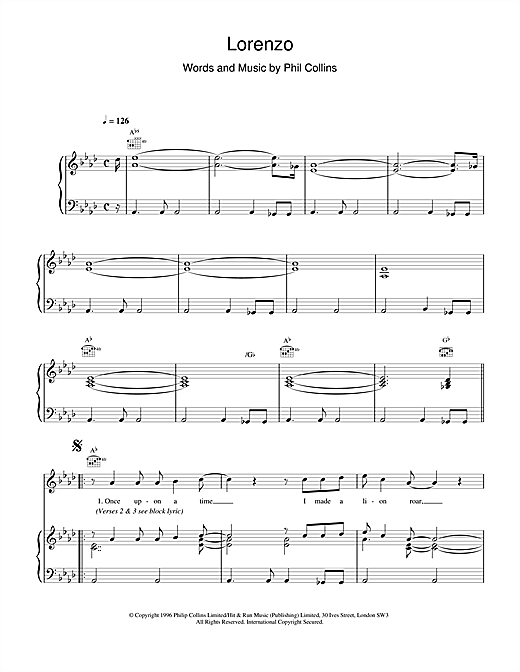 Learn to play Phil Collins Lorenzo sheet music for Piano, Vocal & Guitar (Right-Hand Melody) in minutes. Phil Collins Lorenzo sheet music notes and chords. Download Printable PDF.