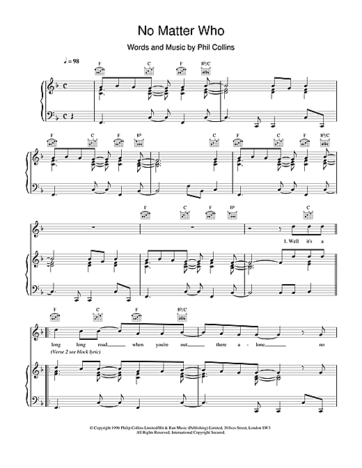 Learn to play Phil Collins No Matter Who sheet music for Piano, Vocal & Guitar (Right-Hand Melody) in minutes. Phil Collins No Matter Who sheet music notes and chords. Download Printable PDF.