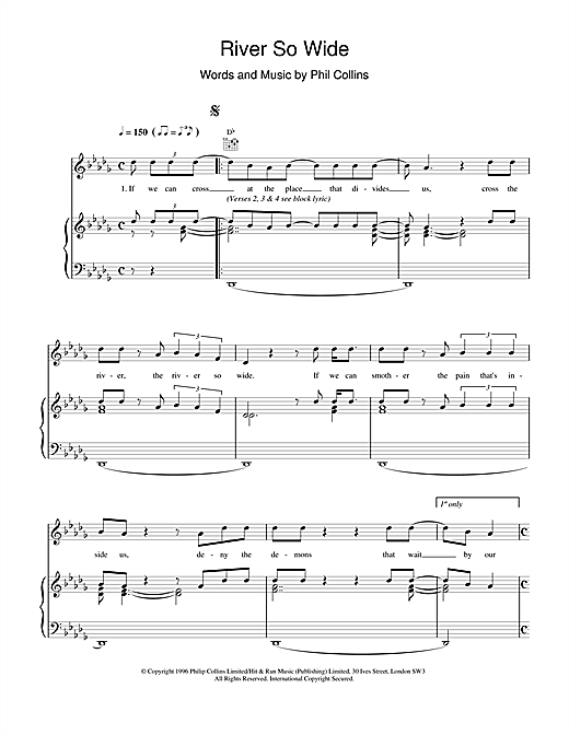 Learn to play Phil Collins River So Wide sheet music for Piano, Vocal & Guitar (Right-Hand Melody) in minutes. Phil Collins River So Wide sheet music notes and chords. Download Printable PDF.