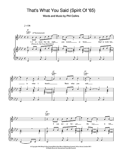 Learn to play Phil Collins That's What You Said (Spirit Of '65) sheet music for Piano, Vocal & Guitar (Right-Hand Melody) in minutes. Phil Collins That's What You Said (Spirit Of '65) sheet music notes and chords. Download Printable PDF.