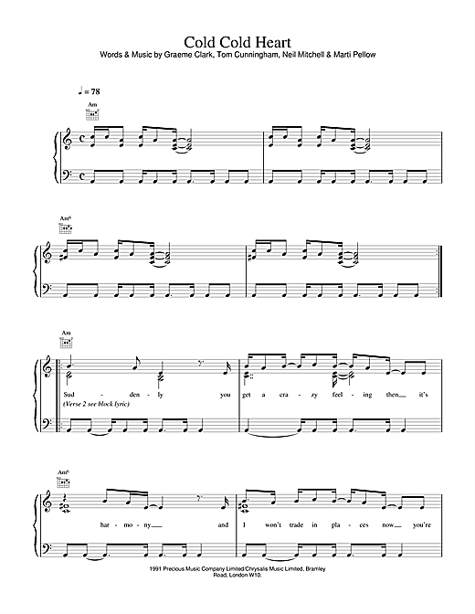 Learn to play Wet Wet Wet Cold, Cold Heart sheet music for Piano, Vocal & Guitar (Right-Hand Melody) in minutes. Wet Wet Wet Cold, Cold Heart sheet music notes and chords. Download Printable PDF.