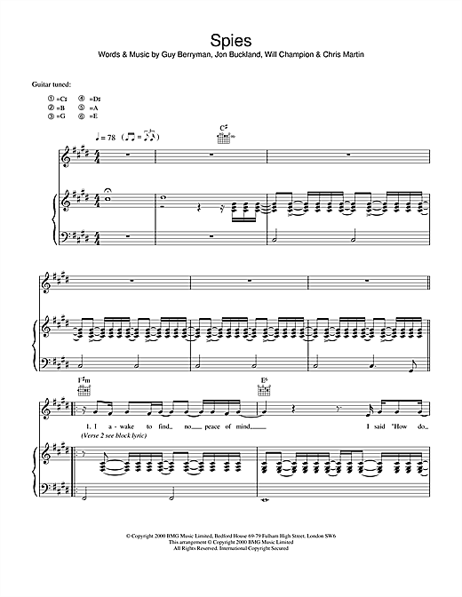 Learn to play Coldplay Spies sheet music for Piano, Vocal & Guitar in minutes. Coldplay Spies sheet music notes and chords. Download Printable PDF.