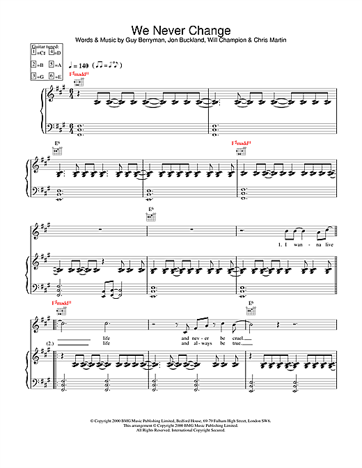 Learn to play Coldplay We Never Change sheet music for Piano, Vocal & Guitar in minutes. Coldplay We Never Change sheet music notes and chords. Download Printable PDF.