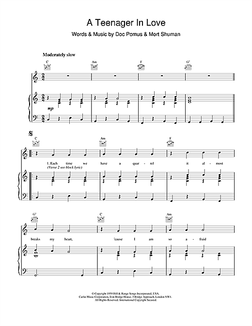 Learn to play Dion & The Belmonts A Teenager In Love sheet music for Piano, Vocal & Guitar (Right-Hand Melody) in minutes. Dion & The Belmonts A Teenager In Love sheet music notes and chords. Download Printable PDF.