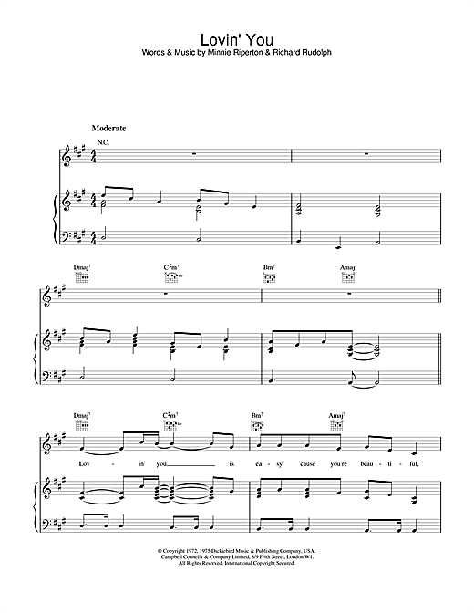 Learn to play Minnie Riperton Lovin' You sheet music for Piano, Vocal & Guitar (Right-Hand Melody) in minutes. Minnie Riperton Lovin' You sheet music notes and chords. Download Printable PDF.