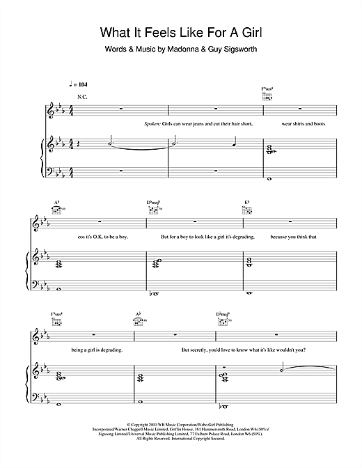 Learn to play Madonna What It Feels Like For A Girl sheet music for Piano, Vocal & Guitar in minutes. Madonna What It Feels Like For A Girl sheet music notes and chords. Download Printable PDF.