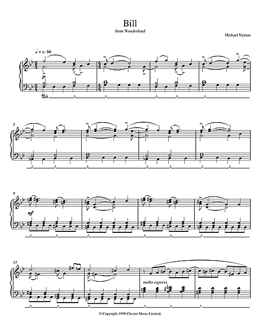 Learn to play Michael Nyman Bill (from Wonderland) sheet music for Piano in minutes. Michael Nyman Bill (from Wonderland) sheet music notes and chords. Download Printable PDF.