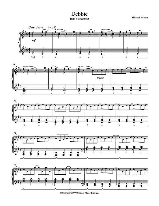 Learn to play Michael Nyman Debbie (from Wonderland) sheet music for Piano in minutes. Michael Nyman Debbie (from Wonderland) sheet music notes and chords. Download Printable PDF.