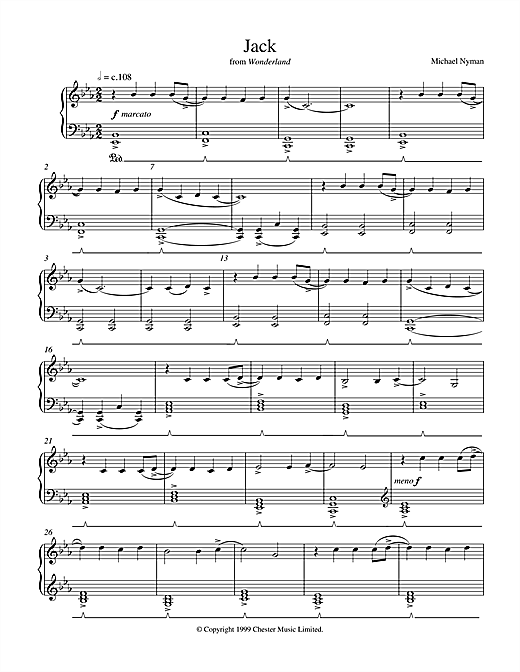 Learn to play Michael Nyman Jack (from Wonderland) sheet music for Piano in minutes. Michael Nyman Jack (from Wonderland) sheet music notes and chords. Download Printable PDF.