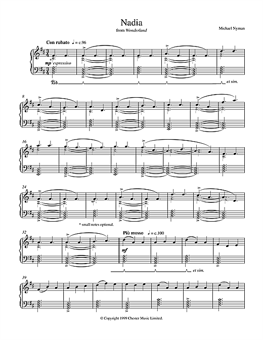 Learn to play Michael Nyman Nadia (from Wonderland) sheet music for Piano in minutes. Michael Nyman Nadia (from Wonderland) sheet music notes and chords. Download Printable PDF.