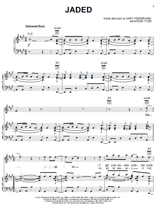 Learn to play Aerosmith Jaded sheet music for Piano, Vocal & Guitar (Right-Hand Melody) in minutes. Aerosmith Jaded sheet music notes and chords. Download Printable PDF.